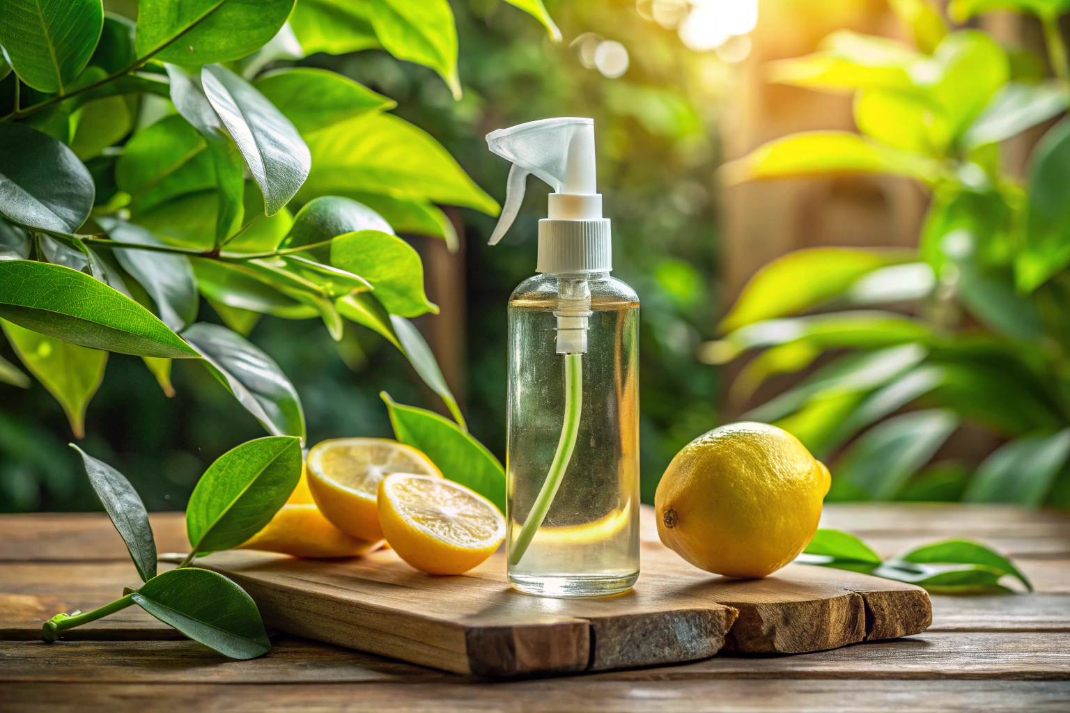 Un vaporisateur en verre transparent posé sur une étagère en bois, entouré de feuilles vertes et de tranches de citron, avec une lumière douce qui met en valeur la texture naturelle des ingrédients