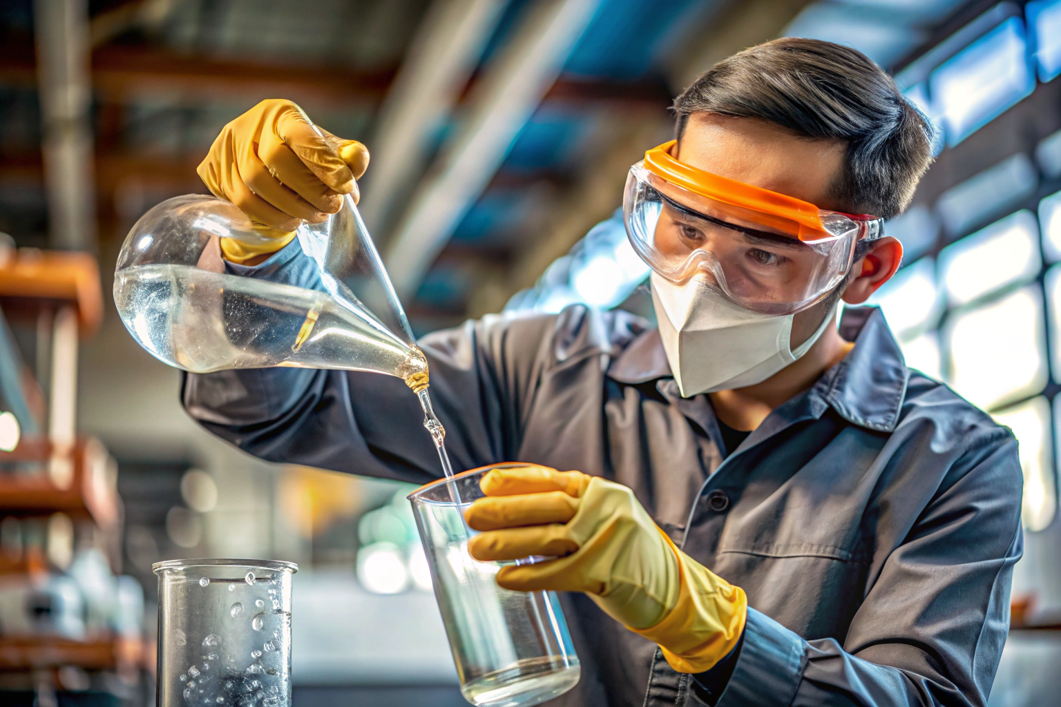 Une personne portant des gants de protection et des lunettes de sécurité verse un liquide clair d