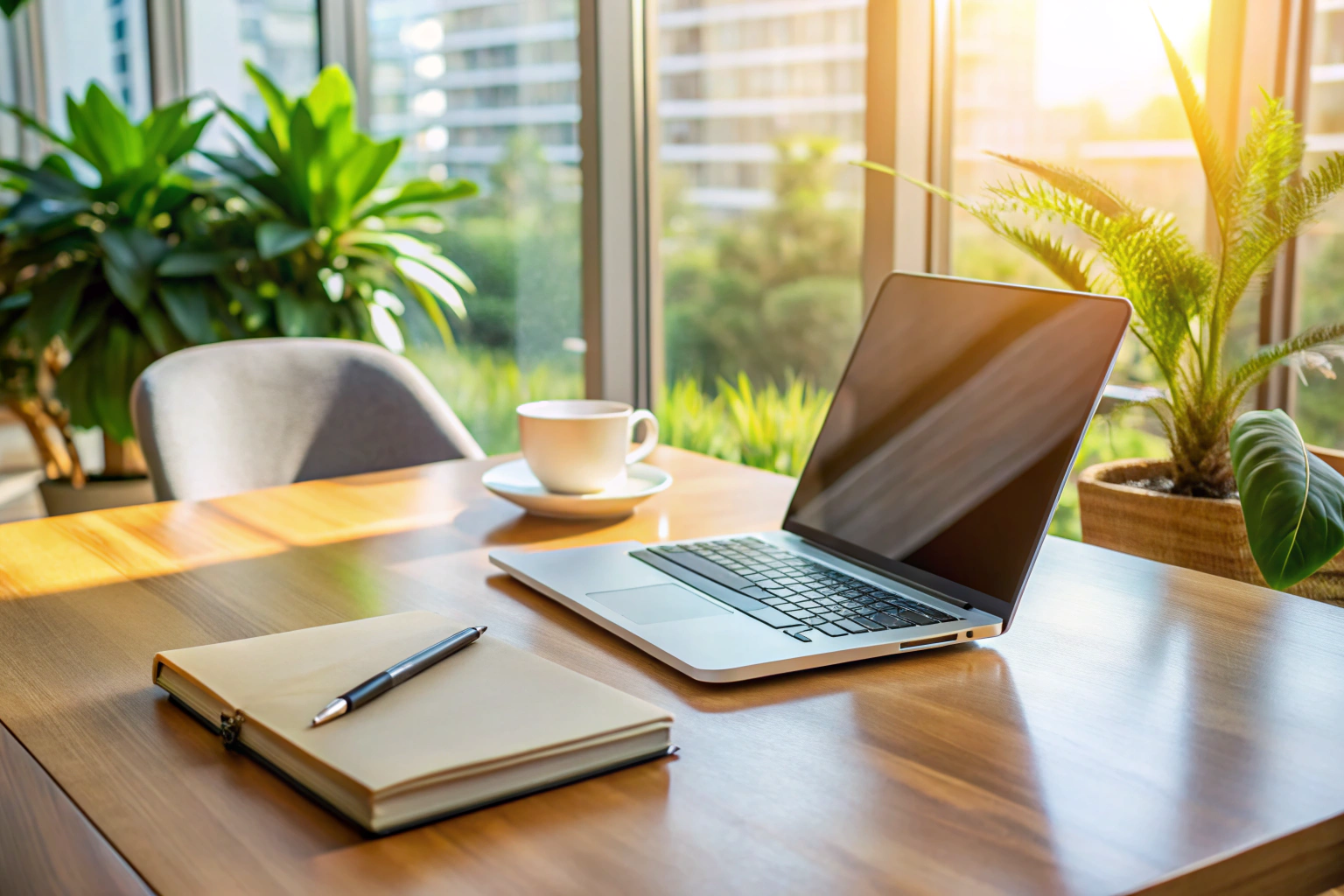 Une photo d un bureau élégant avec un ordinateur portable, un carnet et un stylo, disposés sur une table en bois clair, baignée d une lumière naturelle douce