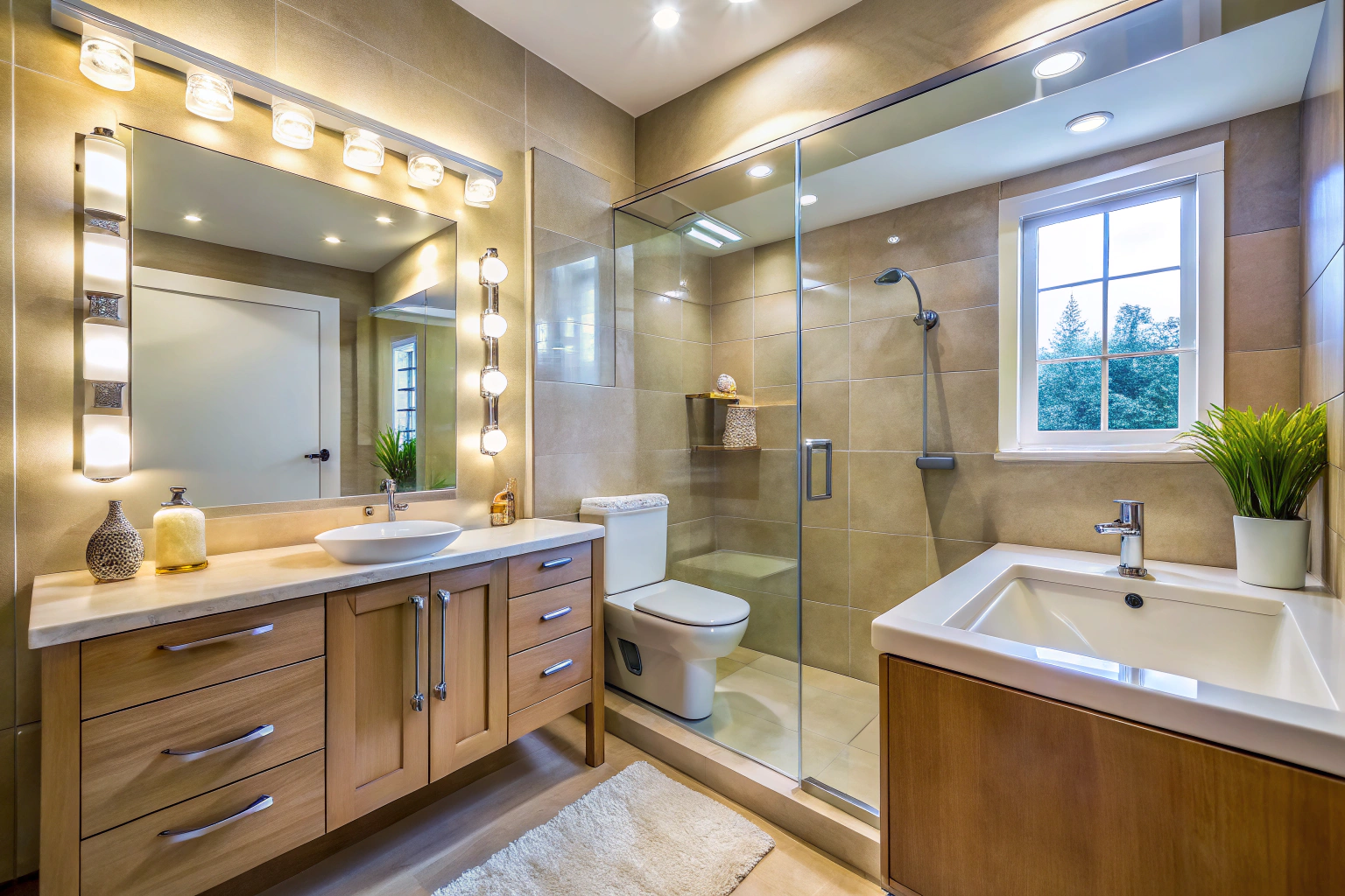 Une salle de bain propre et bien éclairée avec un lavabo, une douche et des toilettes, montrant des surfaces brillantes sans trace de saleté